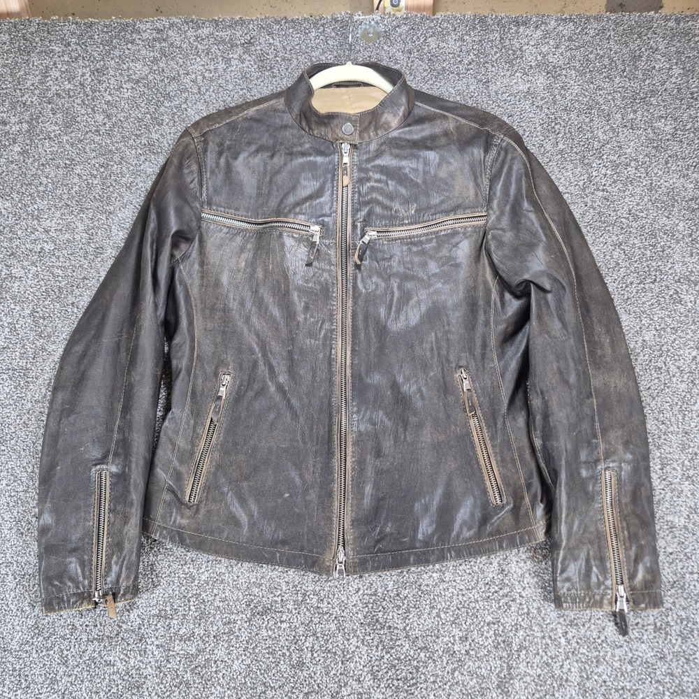 Gimo's Leather Jacket Mens Small Brown Distressed Cafe Racer Moto Made in Italy